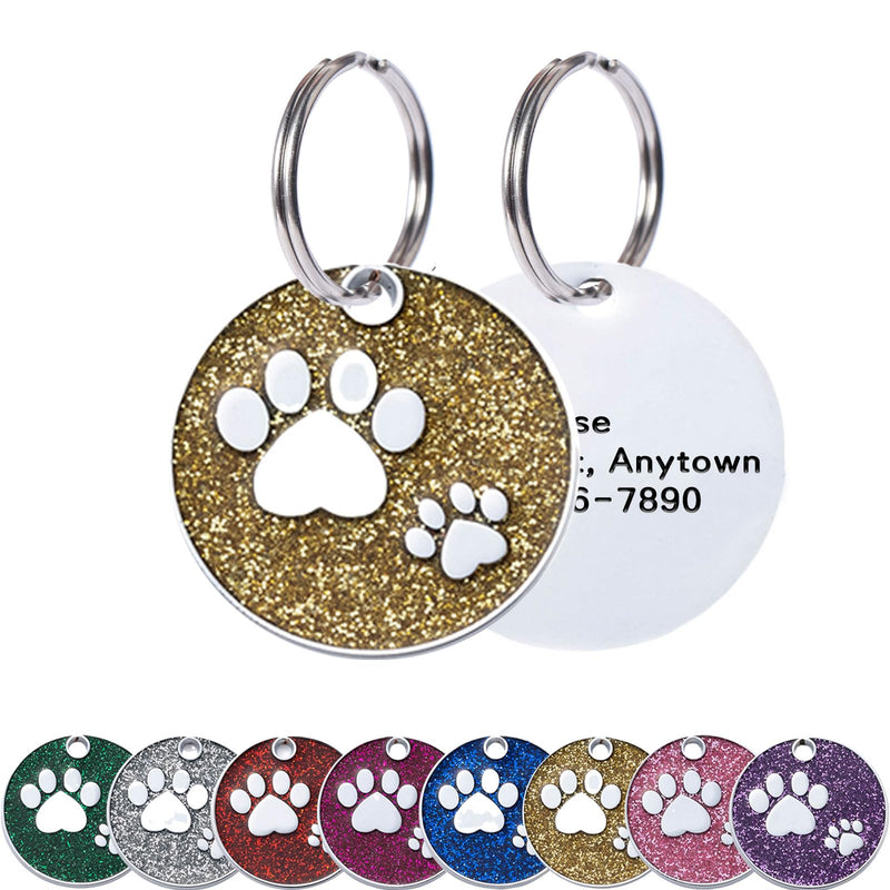 Glitter Dog Id Tags Personalized Engraved Round Shape 8 Colors Stainless Steel Pet Name Tag for Cats and Puppies with 3 Lines of Customizable Text (SmallPack of 1) (Gold)